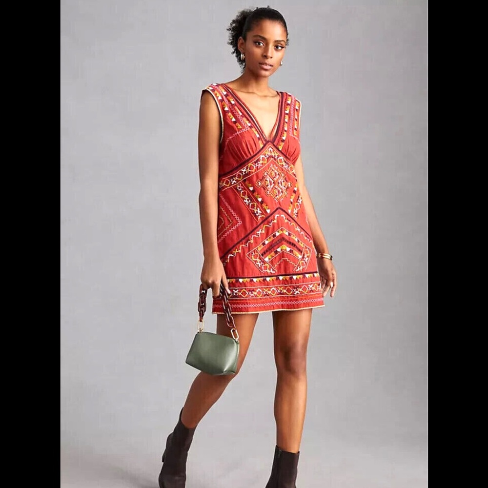 Anthropologie Red Embroidered Mini Dress